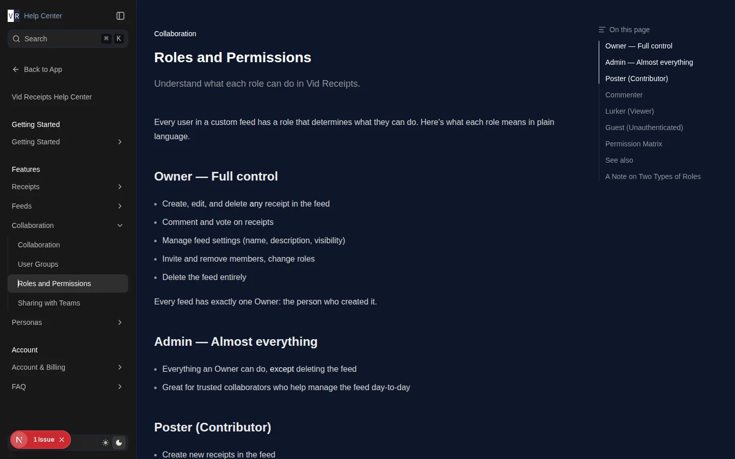 The roles and permissions page with the permission matrix