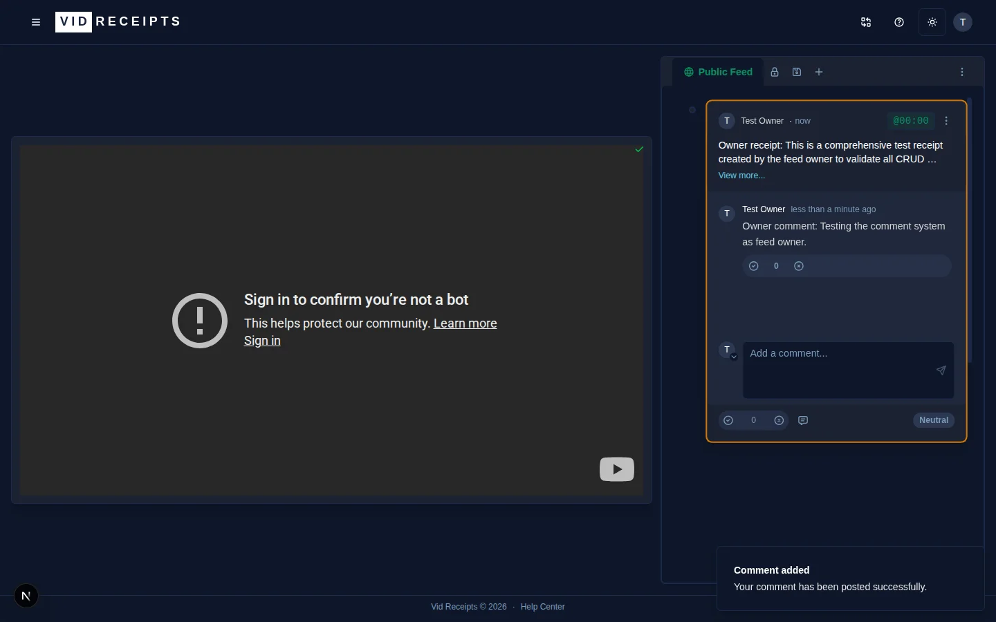 The receipt feed where comments appear below each receipt